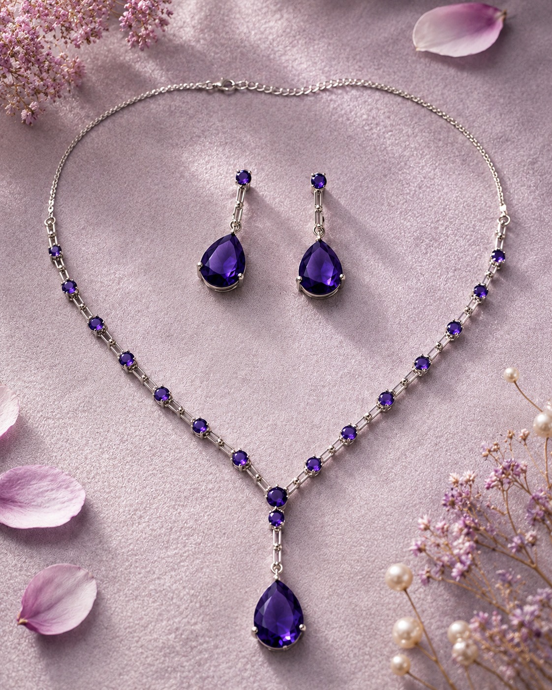 LYXORA cubic zirconia sapphire copper plated stainless steel necklace set